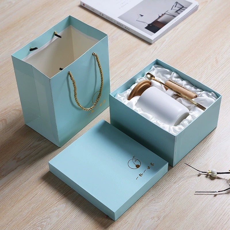 Simple retro wooden handle ceramic mug gift box (2 sets)