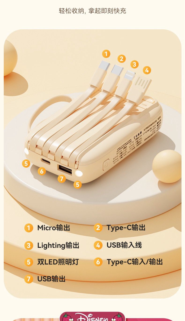 Disney正品迪斯尼超級快充  自帶四線的20000豪安充電寶